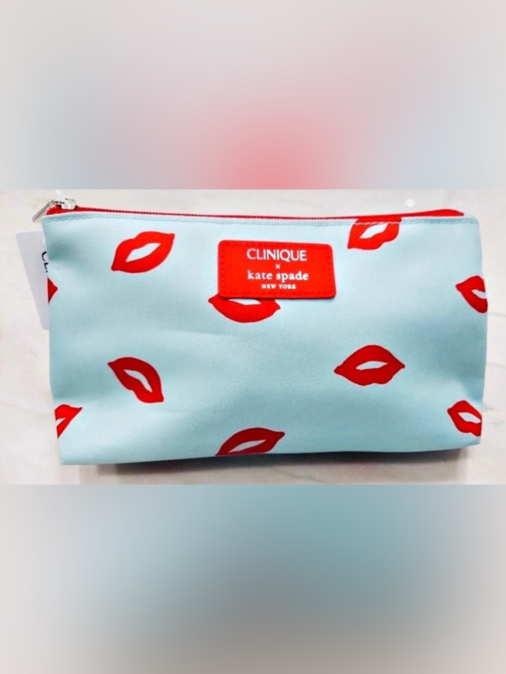 Clinique Lip Print Cosmetic Bag NWT in Blue & Red